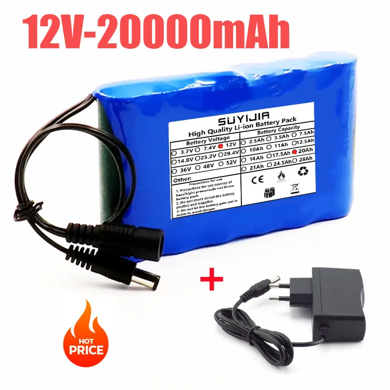 Portable Super 12V 20000mah Batteries Rechargeable Lithium Ion Battery Pack Capacity DC 12.6v 20Ah CCTV Cam Monitor + Charger