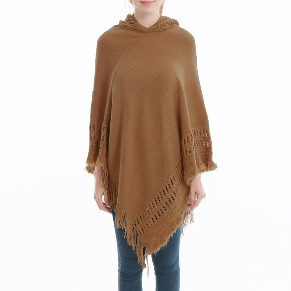 

Women Winter Warm Knitted Hooded Poncho Cape Solid Color Crochet Fringed Tassel Shawl Wrap Oversized Pullover Cloak Sweater Top