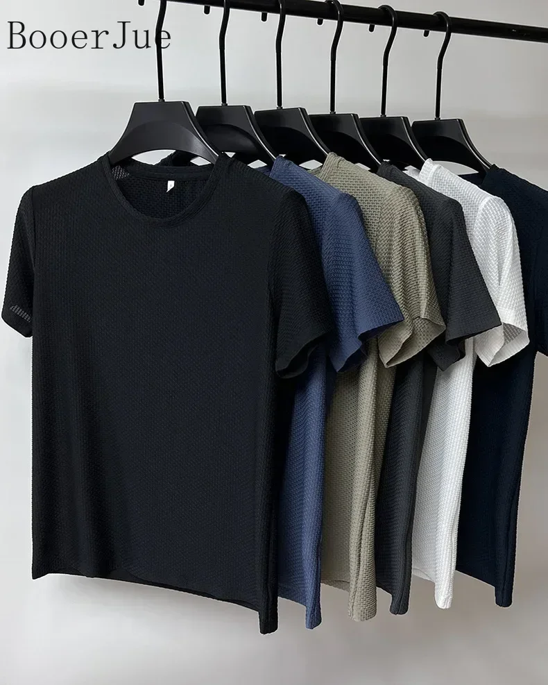 Markenkleidung 6XL Sommer Eisseide Hochwertige Einfarbige Kurzarm-T-Shirts für Herren Atmungsaktives Modisches T-Shirt für Männer – Detail 2