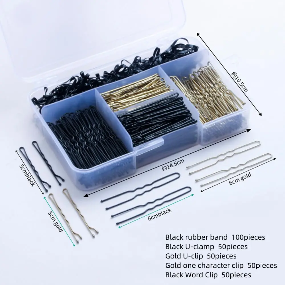 300-piece hair clip set includes 100 U-shaped hair clips, 100 bobi hair clips (black, gold) and 100 rubber band