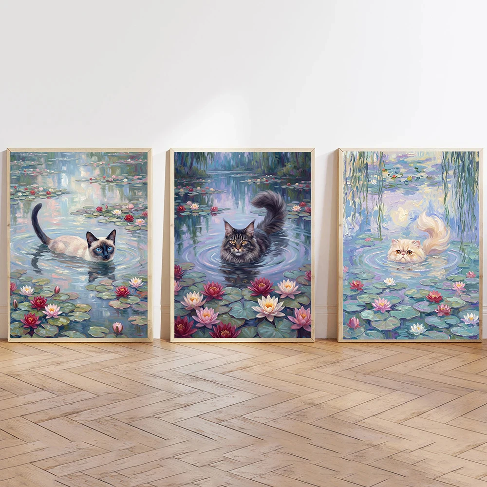 Tuxedo Cat in a Pond Posters Monet-style Water Lilies Modern Prints Canvas Painting Wall Art Pictures Home Living Room Decor