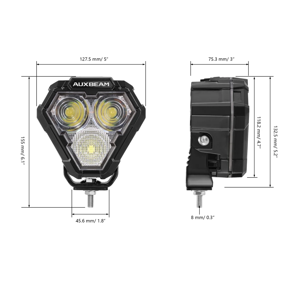 AUXBEAM MASTER-T Series 5 inch Triangle LED Pod Lights with Dynamic Start-Up Amber Welcome Mode，White Combo Off Road Work Light