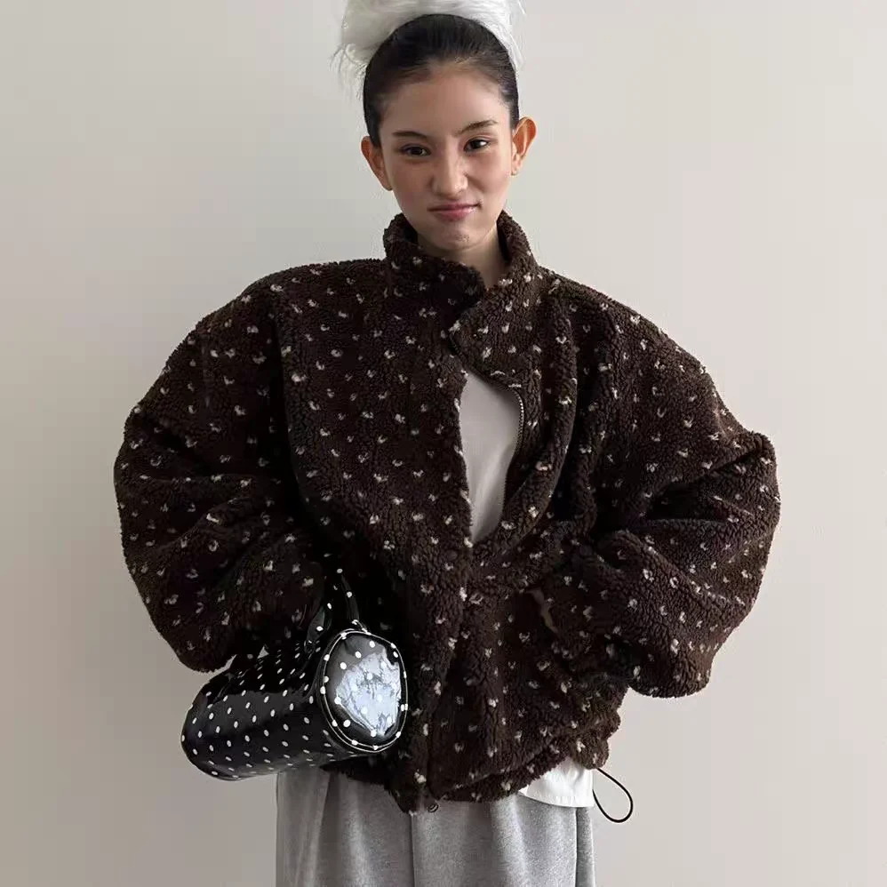 Warm Lamb Fur Coat Polka Dot Stand Collar Heart aped Korean Sle Women's Outerwear Suitable for All Seasons