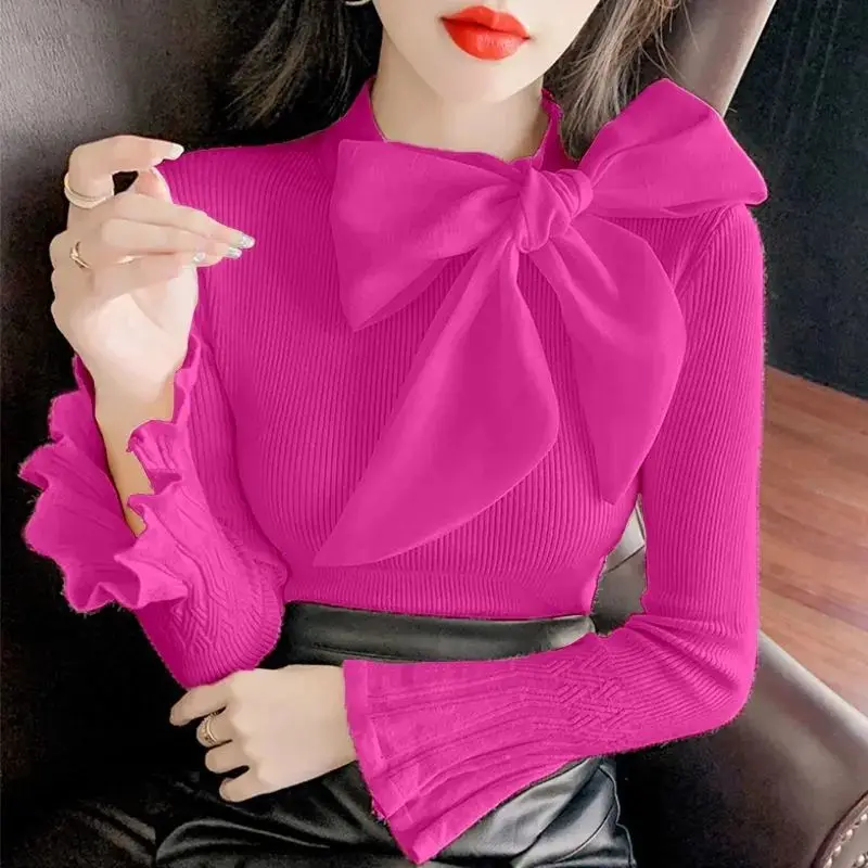 Elegant Fashion New Solid Flare Sleeve Bow Knitted Sweater All-match Casual Pullovers Blouse Sweet Korean Shirt Women\'s Clothing