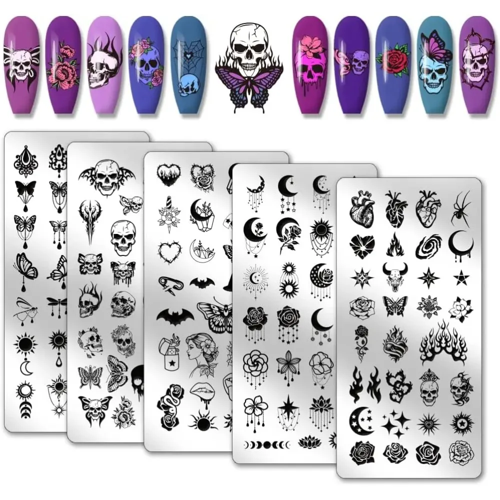 5 Stück Totenkopf-Nagelstempelplatten, Gothic-Stile, Nägel, Schablonen, Mond, Stern, Maniküre, Kunstvorlagen, Schmetterling, Blumendruck, Nagel