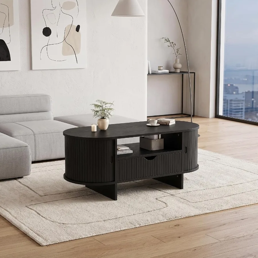 Oval fluted coffee table with drawer for living room, solid wood, walnut brown, elegant textured design and functional storage