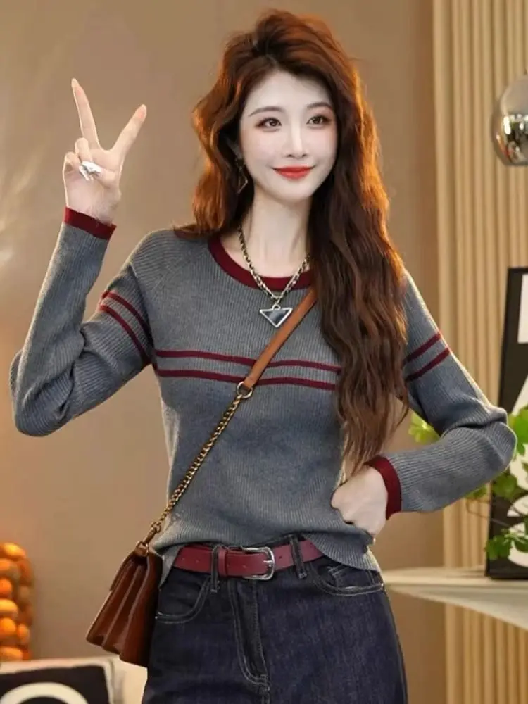 New Striped Western-style Lazy Style Knitted Sweater Slimming Effect Internet Famous Popular Base Shirt Round Neck Top