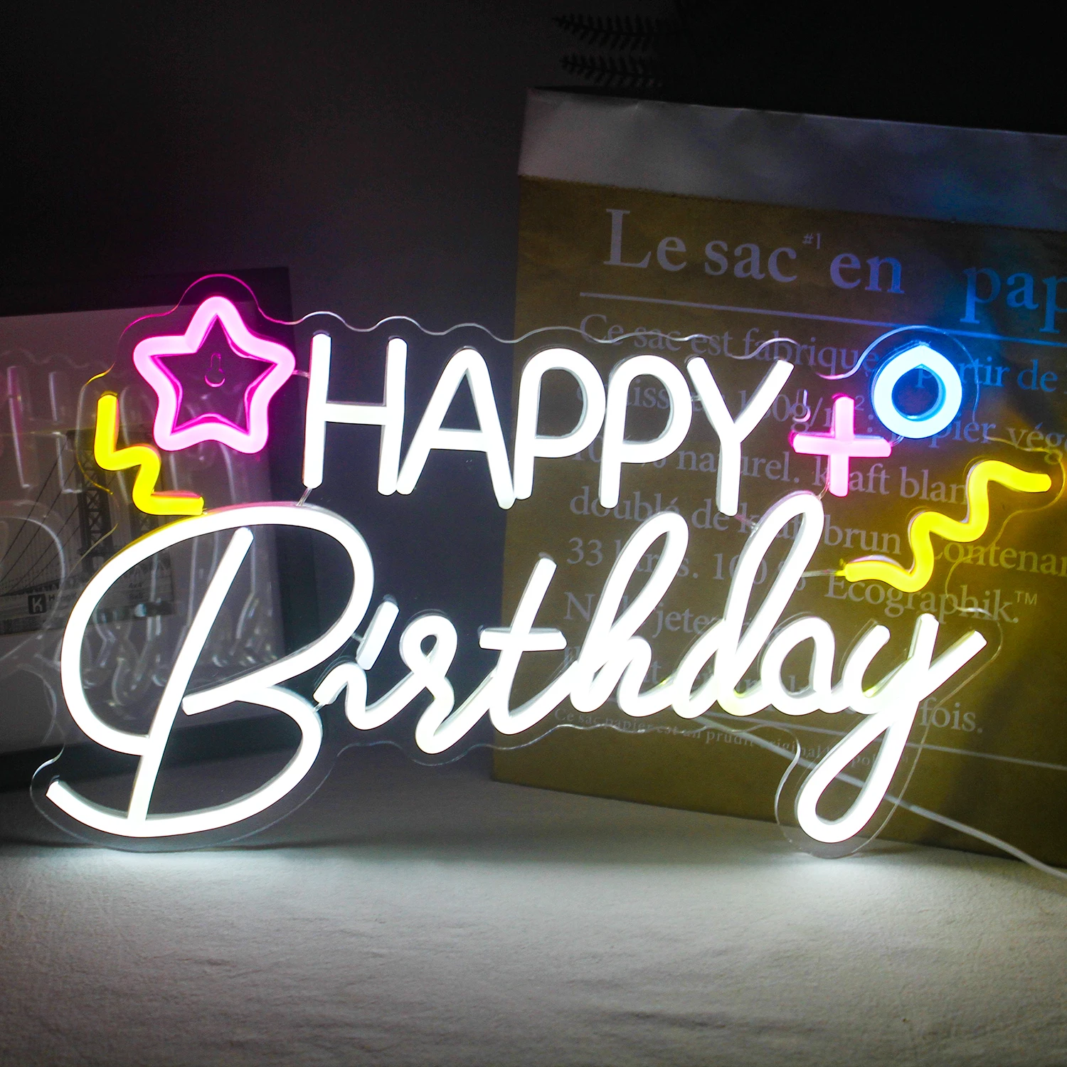 Feliz Aniversário Neon LED Sign Lights, Lâmpada de parede USB, Art Letter Signs, Logo Hanging, Decoração do quarto para festa de aniversário anual, Presentes