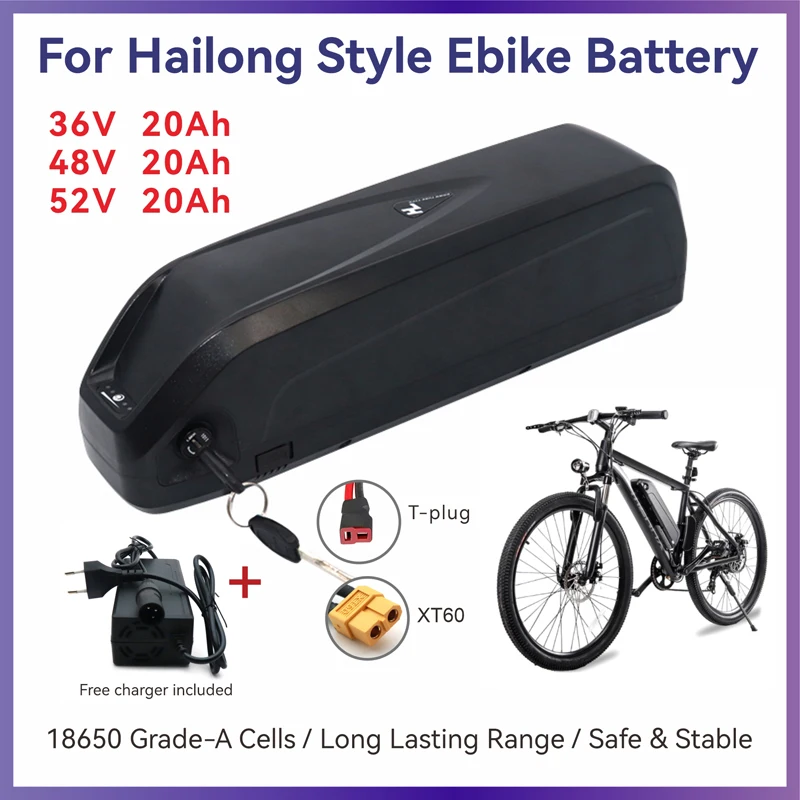 Hailong Style E-Bike Battery 36V 48V 52V 20Ah 18650 Grade A Cells 50A BMS 500W 750W 1000W Bafang BBS02 BBS03 BBSHD Long Range
