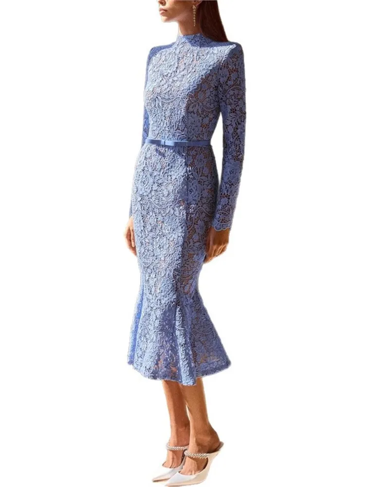 Autumn Sexy Lace See Through Jacquard Prom Fishtail Long Dress Elegant Women Dress Crochet Hollow High-waist Bodycon Dresses