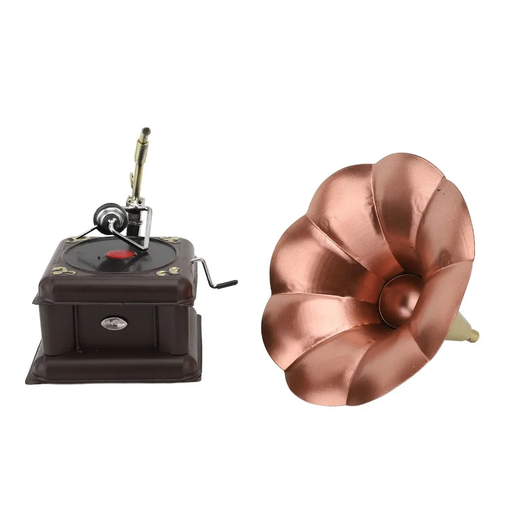 2pcs Iron Phonograph Model Red Bronze Nostalgic Record Player Model Classical Bronze Gramophone Turntable Entryway Decor