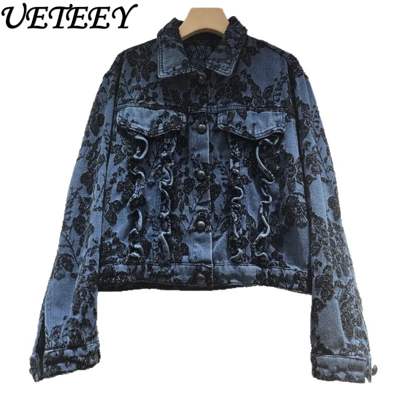 

2025 Autumn Winter New Retro Print Blue Short Denim Jacket for Women Streetwear Niche Single-Breasted Jeans Coat Top Ladies