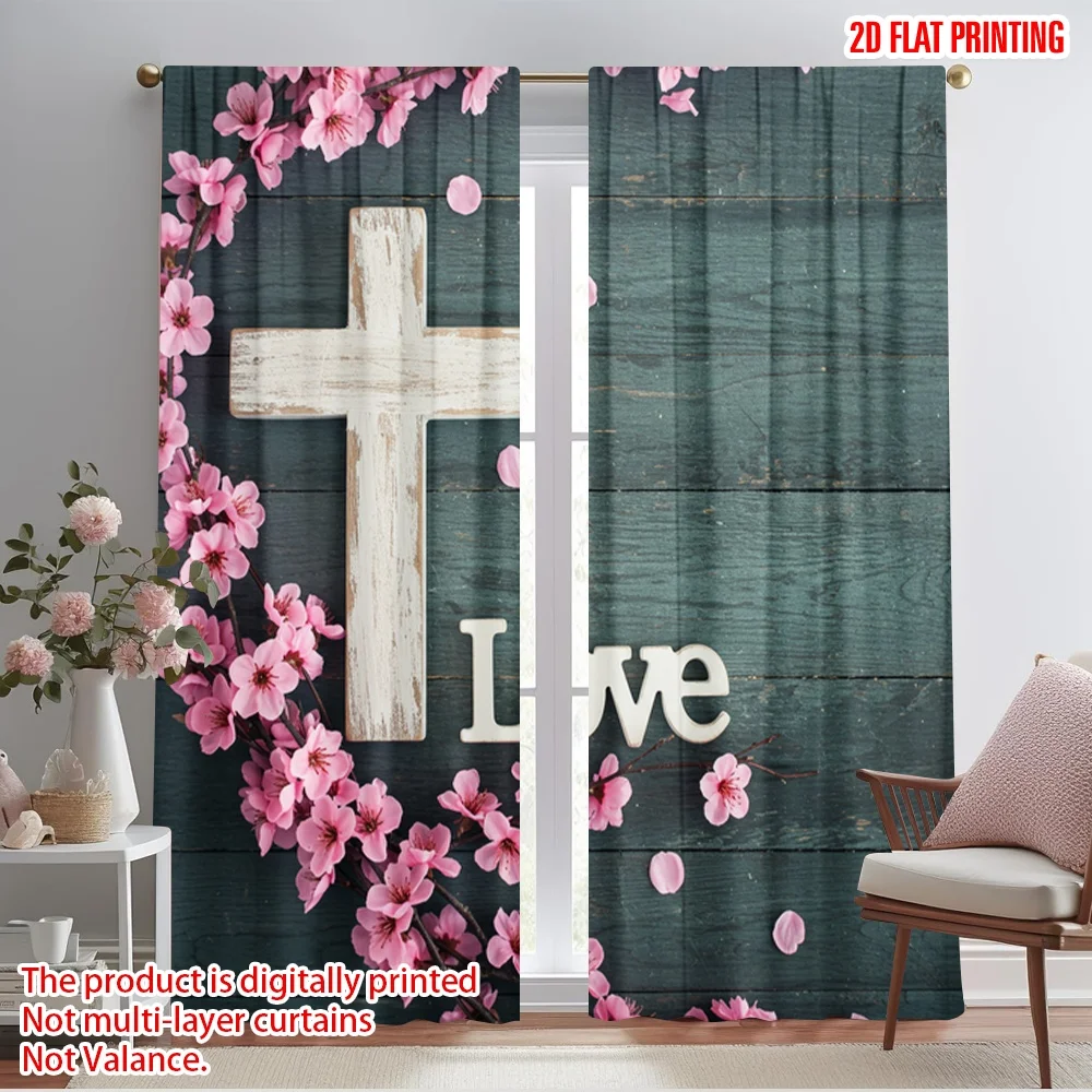

2pcs 2D flat printing Curtains Rustic Cross Pink Blossom Love 100% Polyester Without Electricity Festive Wall Decor Perfect for