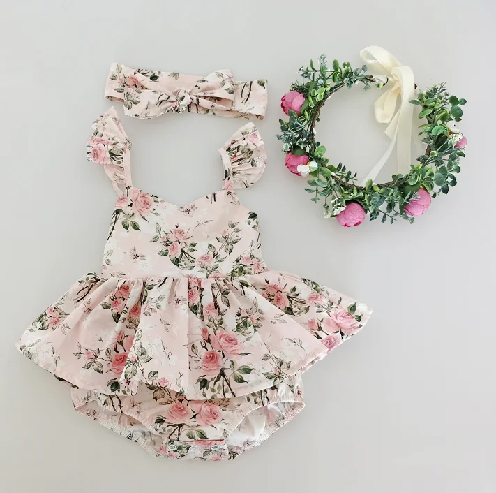 

Flofallzique 2020 Cotton Retro Floral Small Lotus Leaf Sleeves V Neck With Headband Sweet Newborn Baby Girl Romper