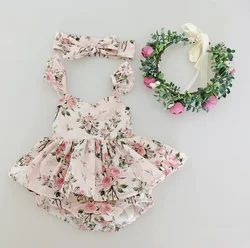 Flofallzique 2020 Cotton Retro Floral Small Lotus Leaf Sleeves V Neck With Headband Sweet Newborn Baby Girl Romper