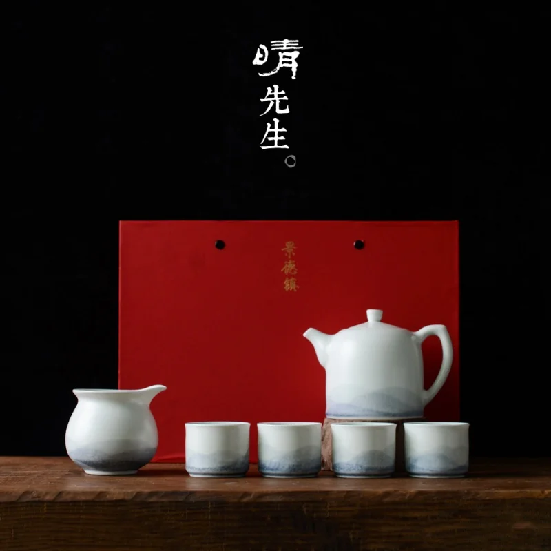 

★Jingdezhen Ceramic 4-Person Tea Set Simple Yuanshan Complete Set Kung Fu Tea Set Gift Combination Set Literati Style