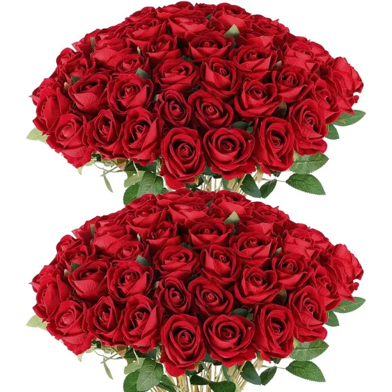 

50 Artificial Roses in Bulk, Fake Velvet Silk Burgundy Roses Realistic Red Roses for Wedding Centerpieces Flower Arrangement Hom
