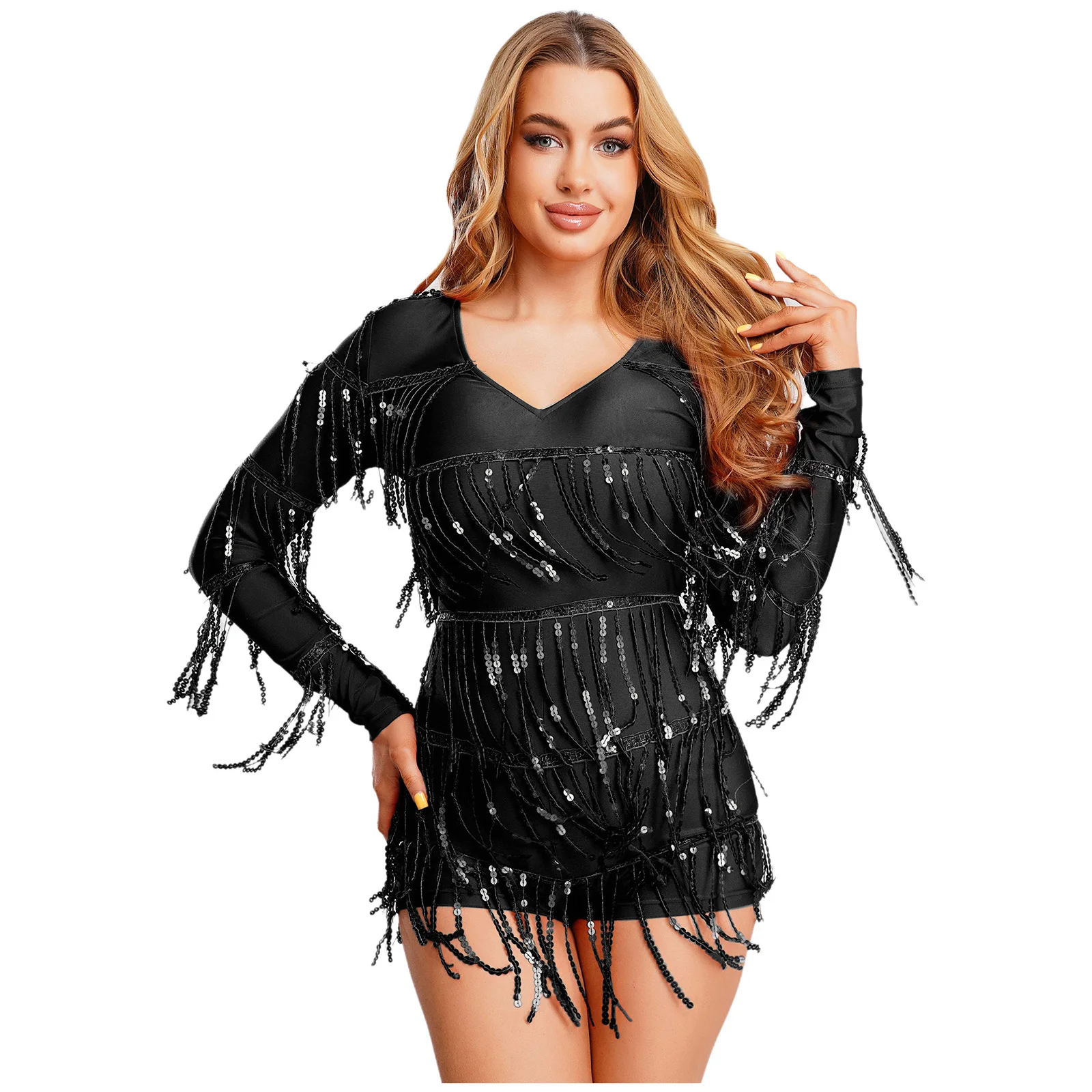 Damesmode glanzende jazz tango latin dans bodysuit lange mouw gelaagde kwastje jumpsuit voor party raves podium tango danskleding