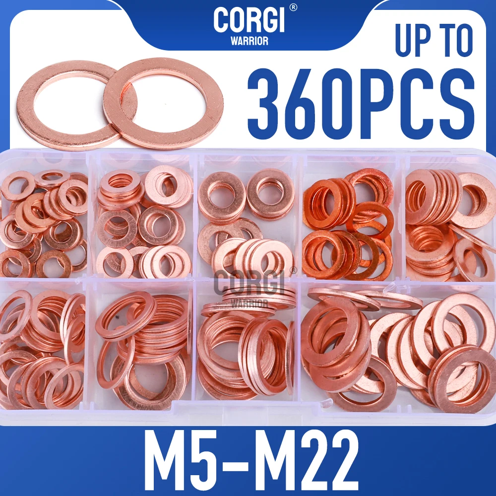 Metric Flat Copper Washers Assortment Kit Sealing Brass Washer 80-360 Pieces M5 M6 M8 M10 M12 M14 M16 M18 M20 M22 for Screw Bolt