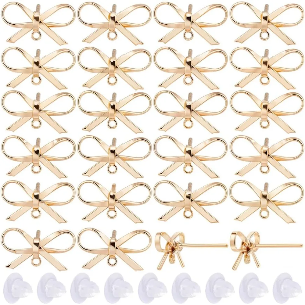 

1 Box 20 Sets Real 18K Gold Plated Earring Posts Stud Earring Findings Earring Studs Earring Stud with Hole Bowknot Post