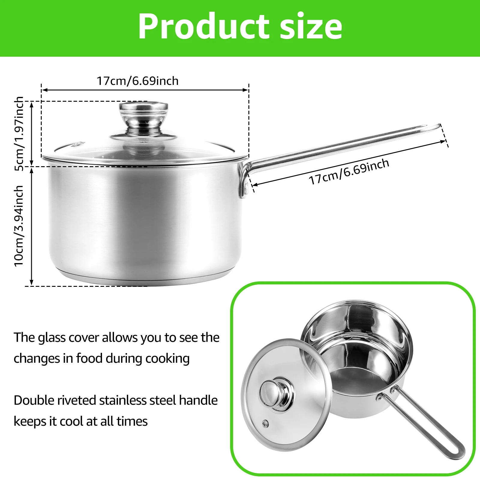 Cooking Pot 3 Quart Saucepan with Glass Lid Stainless Steel Milk Pan Safe Small Cooking Pot Uncoated Multipurpose Sauce Pan