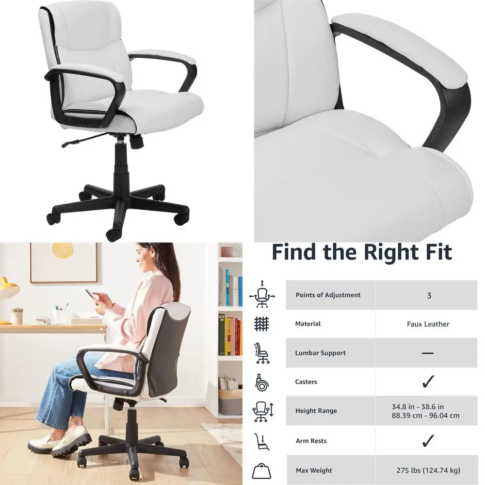 

Ergonomic Office Chair with Padded Arms, Adjustable Mid-Back, Swivel, 275 lbs, 24.2x24x38.6, White Leatherette, BIFMA Certified
