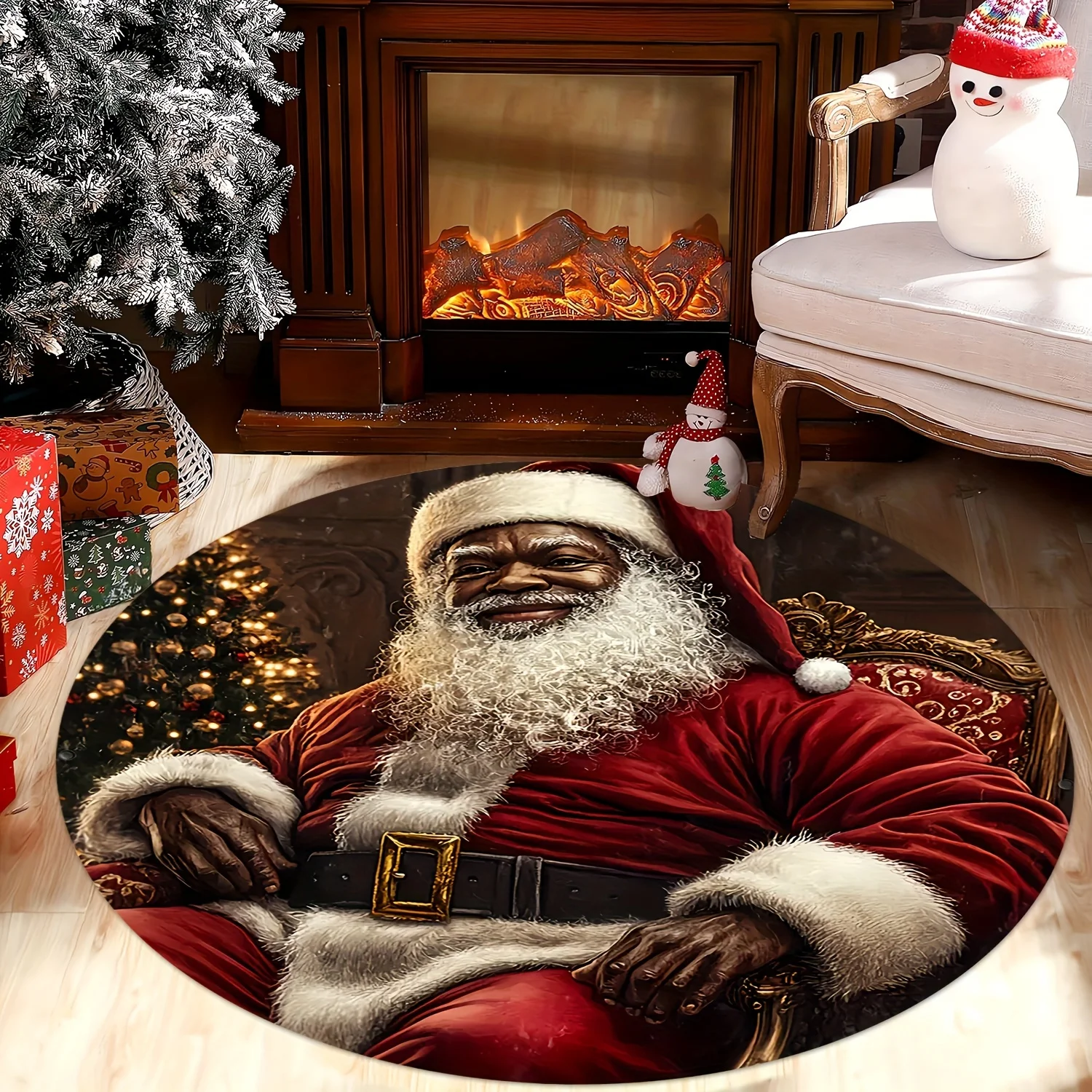Soft Velvet Christmas Santa Mat, Plush Round Doormat with Non-Slip Back, Washable for Indoor Outdoor Holiday Decor​