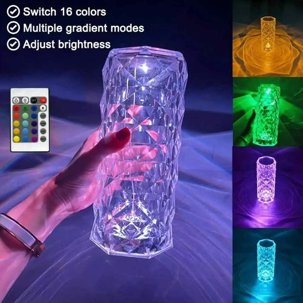 16 Colors Changing RGB Touch Decor Lighting LED Crystal Table Lamp Diamond Rose Night Light Touch Atmosphere Bedroom Bedside Bar