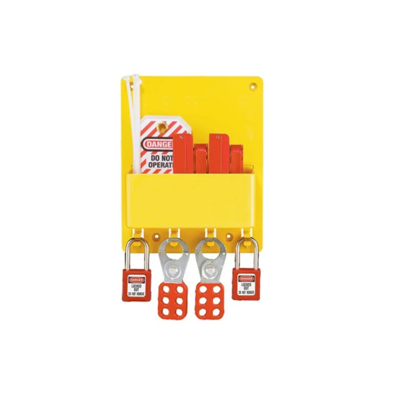 

Yellow Small Rugged and Durable Open Padlock Lockout Station for the Management of industrial equipment and locks
