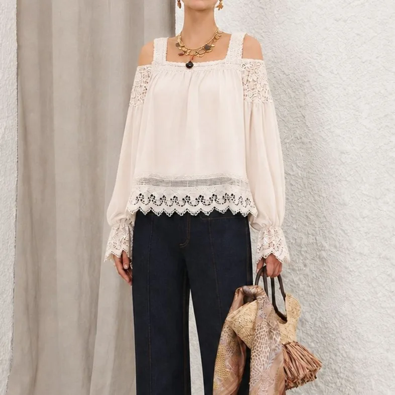 Zekye French Temperament Commuter Style Suspender Lace Shirt Women's Perspective Ruffle Edge Design Pullover Breathable&elegant