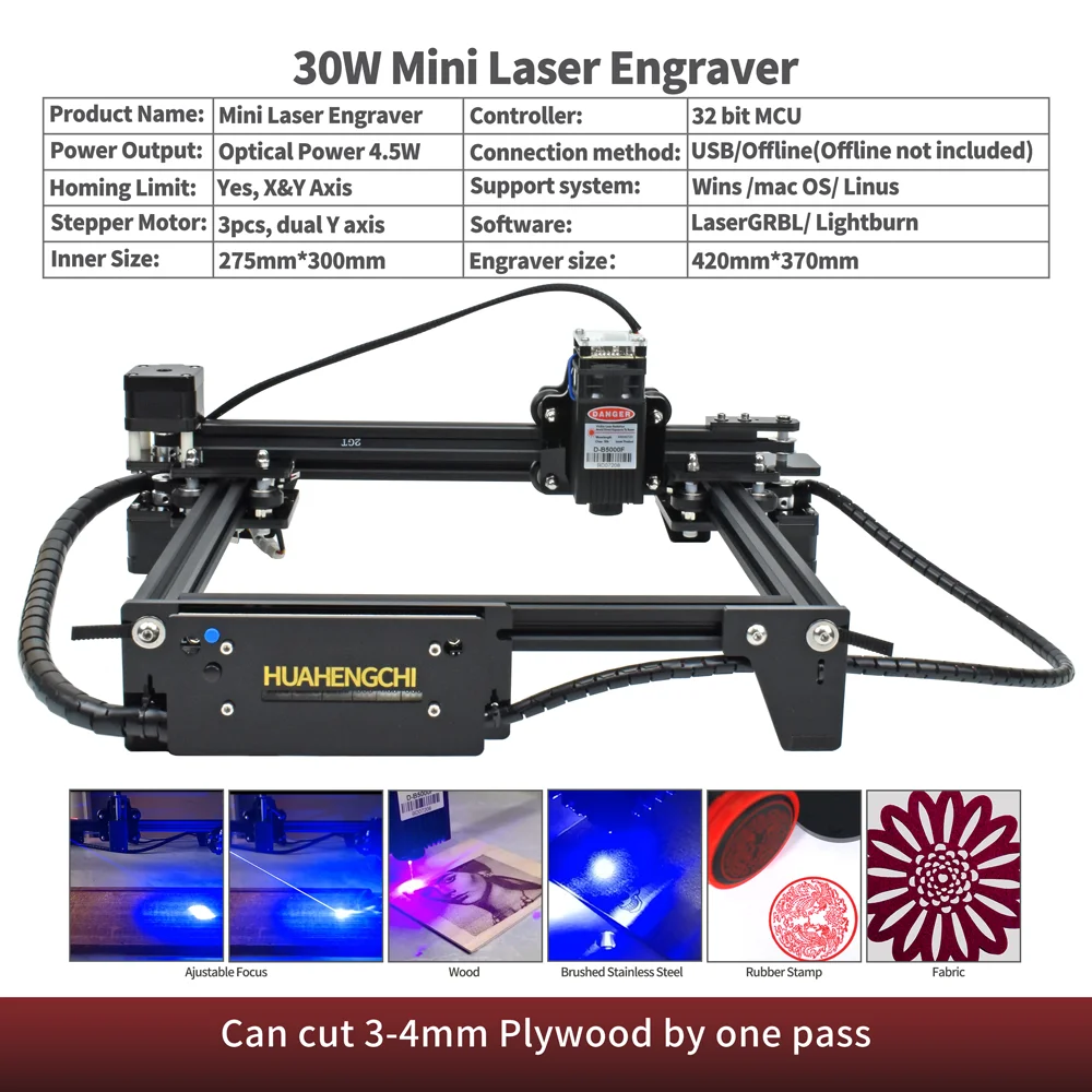 30W Laser Engraver Cutter Mini Wood Cutting Engraving Machine Router for Easy for Size Extension