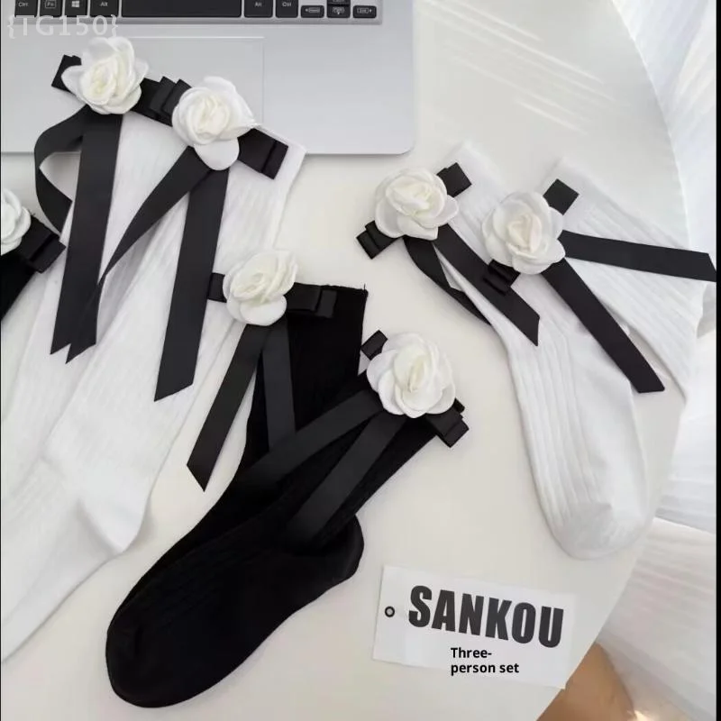 Calzini con cravatta a fiore di camelia 3D - Design a tubo centrale con fiocco Lolita JK per balletto estivo e moda Y2K