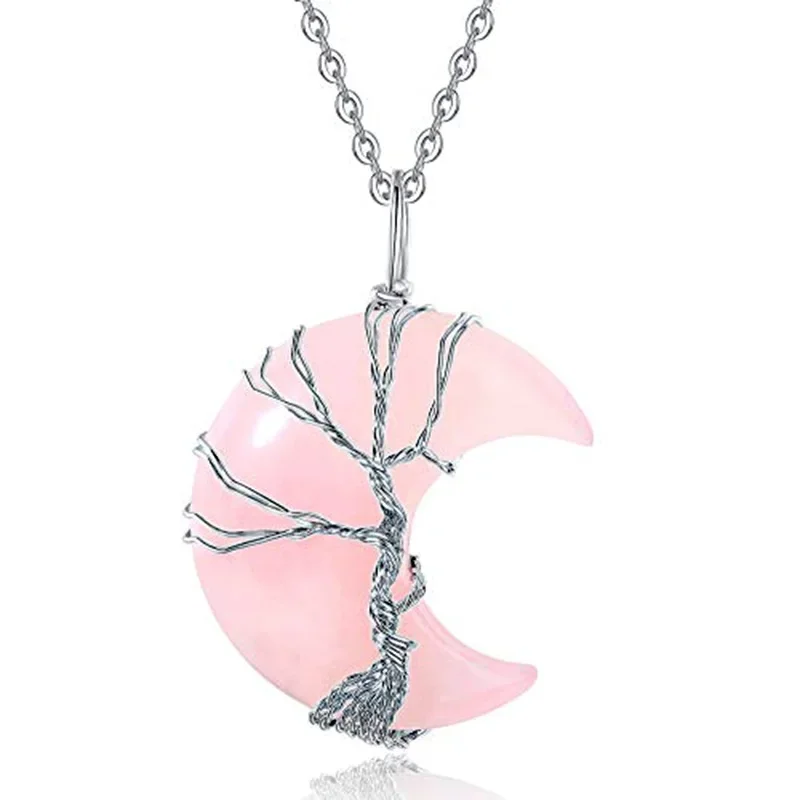 Collier en résine de pierre de quartz naturel, collier d'arbre de vie de lune naturelle, fil rond, croissant de lune, cristal PmotChip