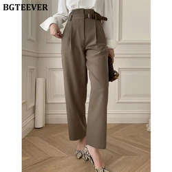 BGTEEVER Spring Summer Loose Belted Female Suit Pants Elegant High Waist Pockets Women Wide Leg Trousers
