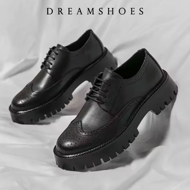 

British Style Brogue Shoes for Men Business Casual Fashion Commute Thick Sole Leather Shoes Male Platform Wedding Dress Shoes