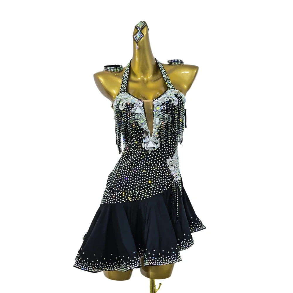 Latin Dance Adult And Children'S Dress AB Stone High End Customized Black Hanging Neck Dress Cha Cha Tango Women'S Clothing
