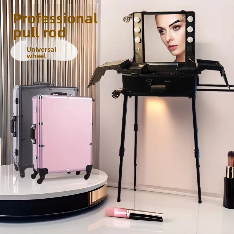 

Versatile Swivel Aluminum Cosmetic Case with Light Telescopic Handle Professional Tattoo Nail Kit Wholesale Makeup Rolling Case