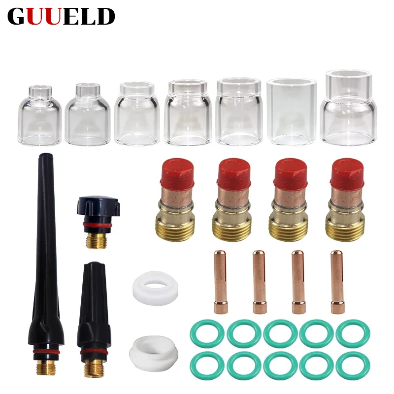 30Pcs TIG Welding Torch Accessories Stubby Gas Lens 4#~12# Pyrex Glass Cup Kit For WP-17/18/26 Torch Welding& Soldering Supplies