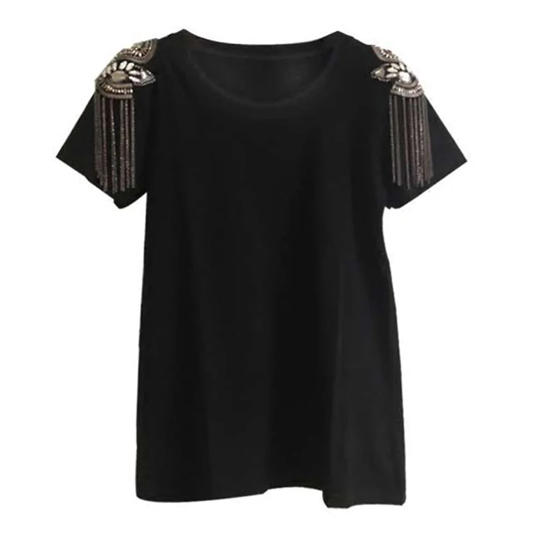 Women T-shirt Black 2025 Spring Summer Shoulder Patch with Diamond Studded Tassel Stage Performance Outfit, Top