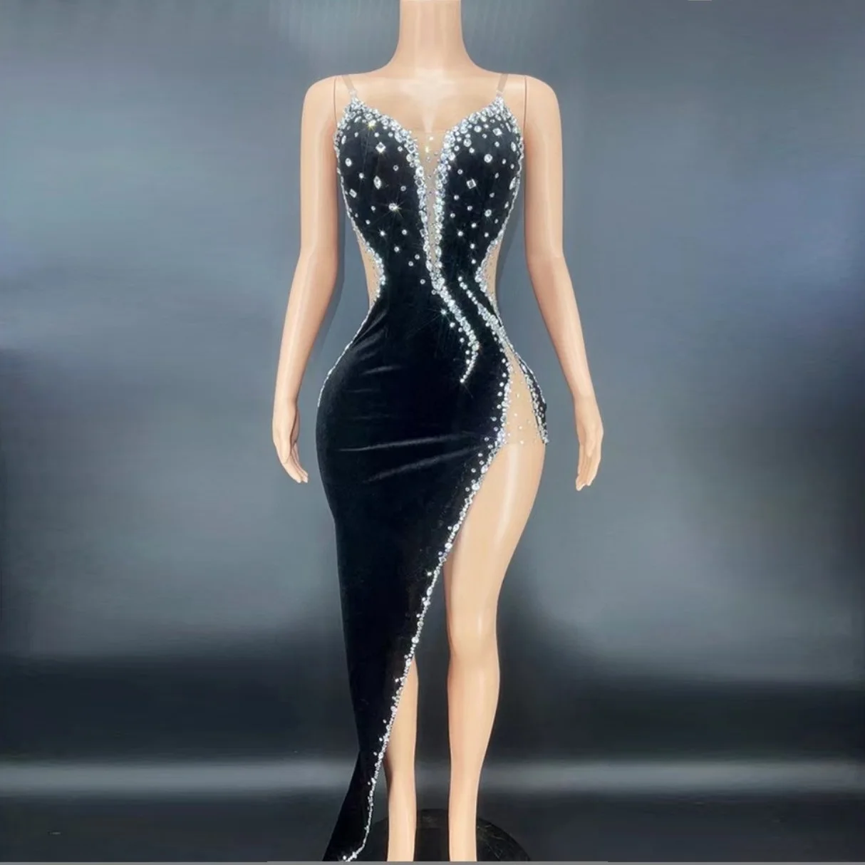 

Sexy Mesh Transparent Black Velvet Rhinestones High Split Long Dress Women Birthday Celebrate Evening Dress Singer Stage Wear