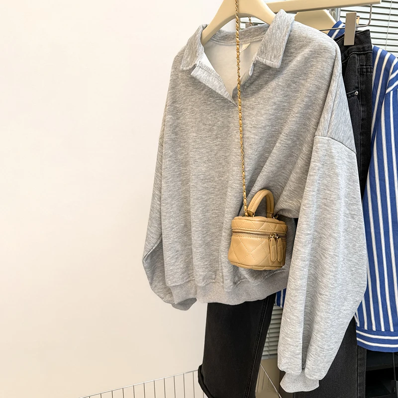 솔리드 컬러 v 넥 스웨트 다목적 세련된 긴 소매 탑 여성을위한 고급 느슨한 옷깃 간단한 풀오버