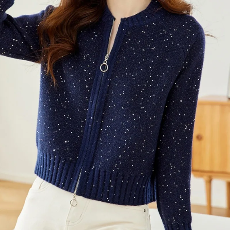 Women Glitter Sequin Knit Cardigan Spring Autumn Zip Up Short Cropped Jacket Stand Collar Outerwear