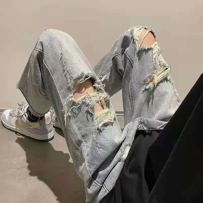 

Рваные джинсы мужские, модные, винтажные, прямого кроя, в американском уличном стиле, весна-осень, хип-хоп, тонкие