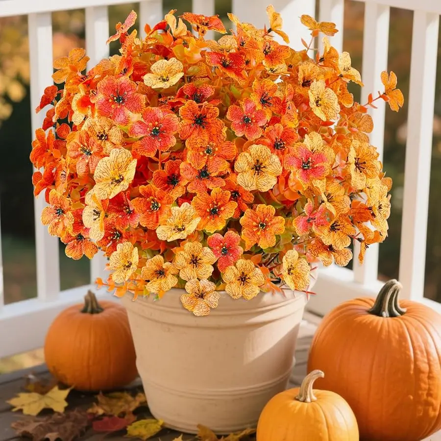 

16 Bundles Artificial Fall Flowers Outdoor Indoor Decoration,No Fade Autumn Fake Plastic Plants with Eucalyptus Leaves,Faux Mums