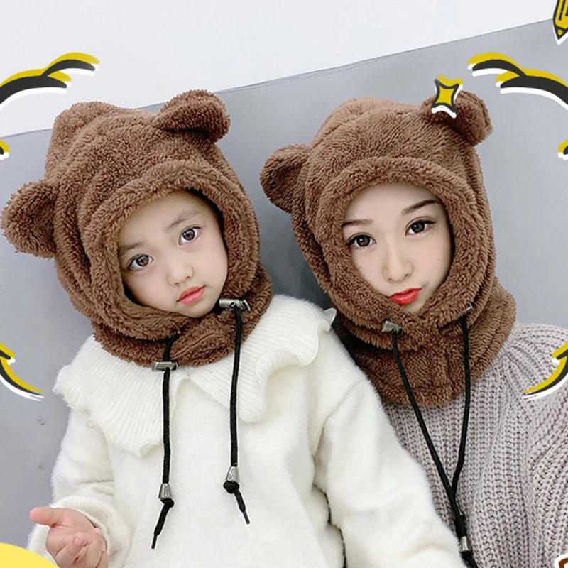 Children Adult Hat Scarf In One Plush Thickening Winter Warm Parent-Child Cartoon Windproof Ear Protection Girls Boys Cap