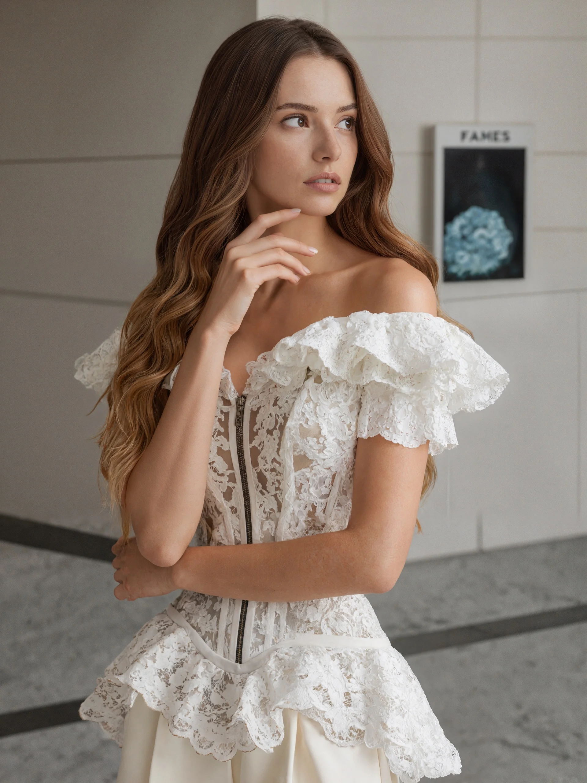 Chemise moulante en dentelle blanche pour femmes, épaules dénudées, manches à volants, coupe cintrée, ourlet à volants, Corset, haut court pour fête, Club, tenue de soirée