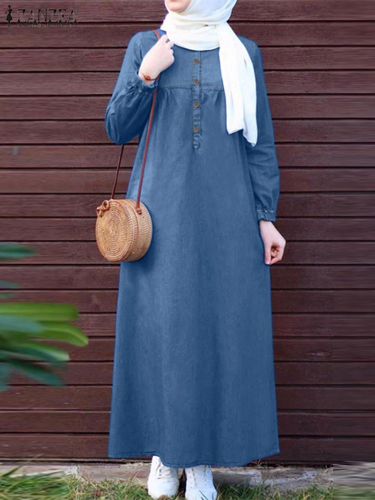 ZANZEA Denim Blue Muslim Hijab Abaya Robes Autumn 2024 Long Sleeve Loose Casual Islamic Maxi Dress Solid Women Kaftan Dresses