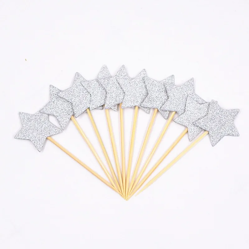 10Pcs Glitter Gold Silver Star Cake Cake Topper Happy Birthday Decoration Baby Shower for Baby Birthday Party Wedding Supplies