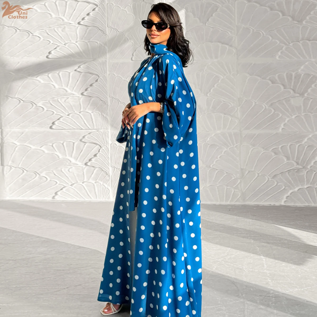 2026 سترة إسلامية طويلة منقطة عباية مفتوحة مع حجاب ملابس إسلامية فستان نسائي إسلامي عباية عيد رمضان