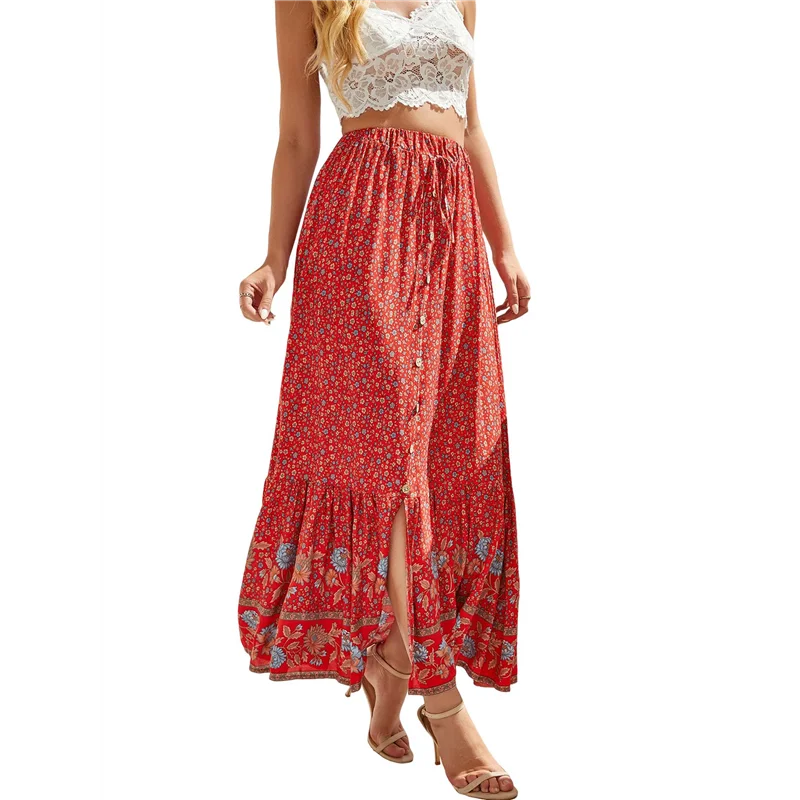 CYL-Maxi Spódnice Damskie Lato 2025 Boho Długie, Zwiewne, Kwiatowe, Elastyczne, z Wysokim Stanem, z Rozcięciem z Przodu, Codzienna Spódnica Podróżna